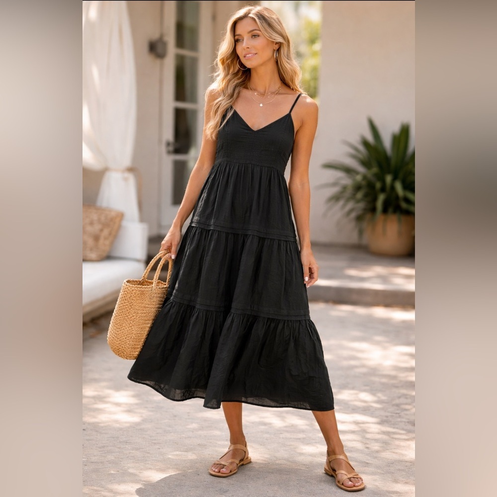 Simply Veta Wang NWT Maxi Dress Black Tiered Maxi Dress Smocked Size Large